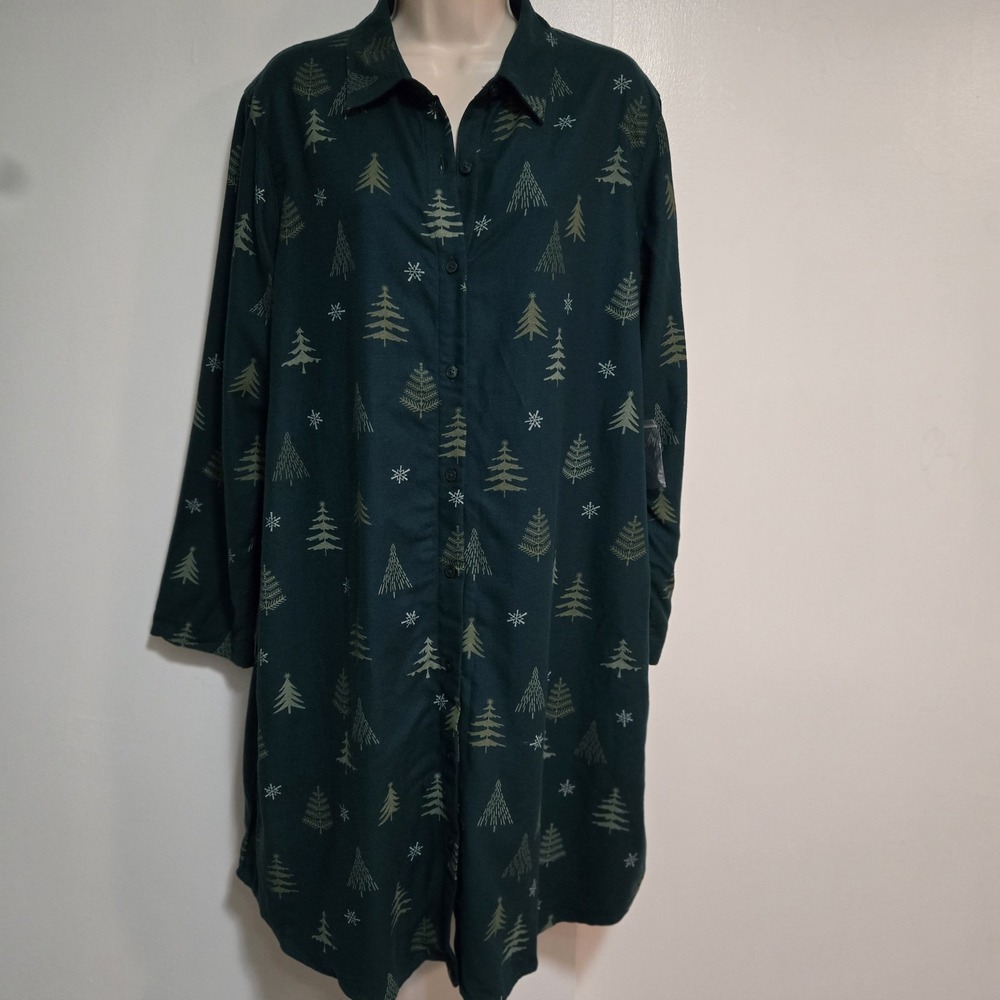 Coldwater Creek  Sz M Green Flannel Button‎ Sleep Shirt Long Sleeve Pockets NEW